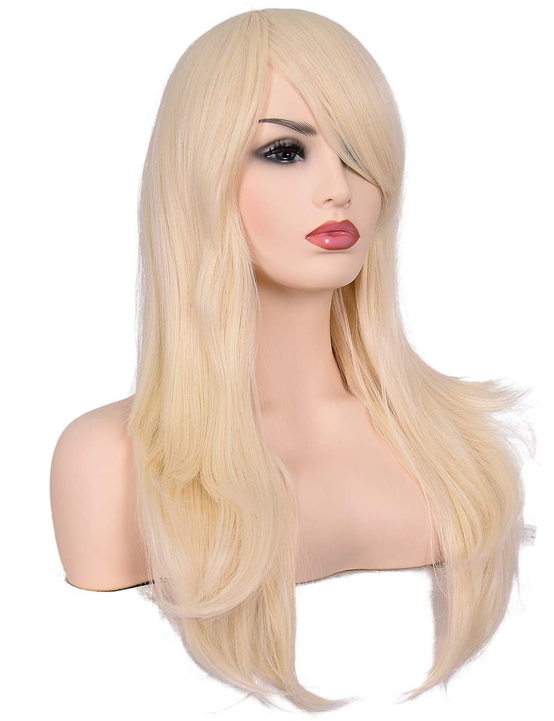 morvally 23 inches Long Curly Wig Big Wave Heat Resistant Synthetic Hair with Bangs for Cosplay Costume Halloween Party (613# Light Blonde) - Image 3